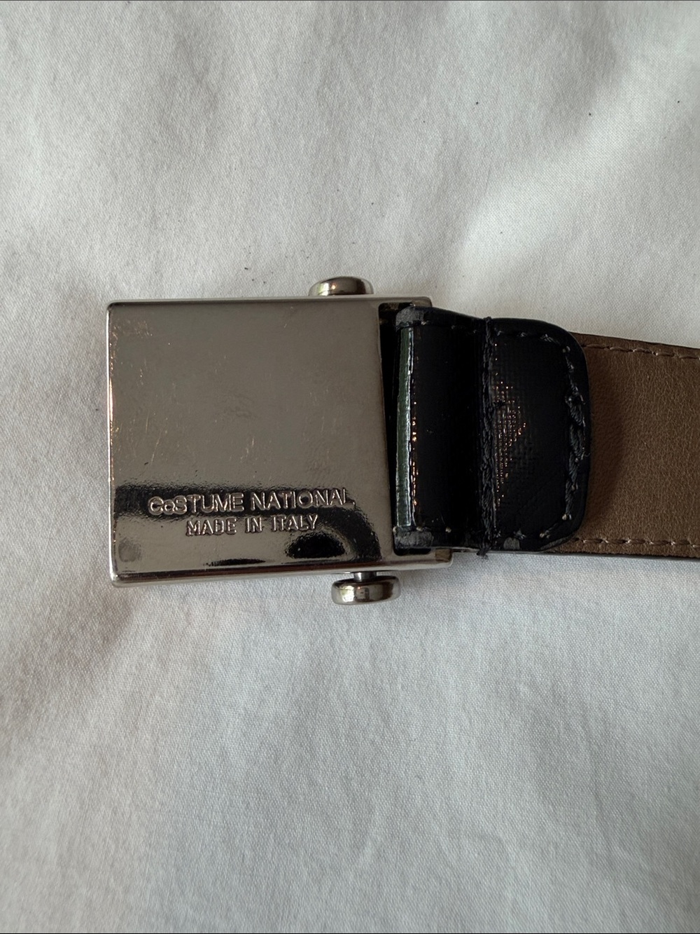 Costume National Black Leather Belt with Silver Buckle